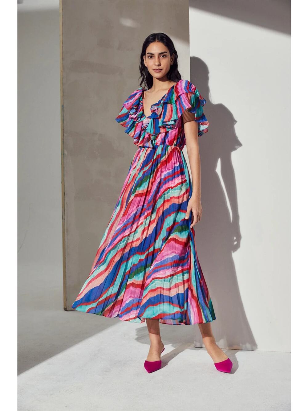 NWT Amur Luisa Pleated V-neck Midi Dress Size 4 Red #9F603